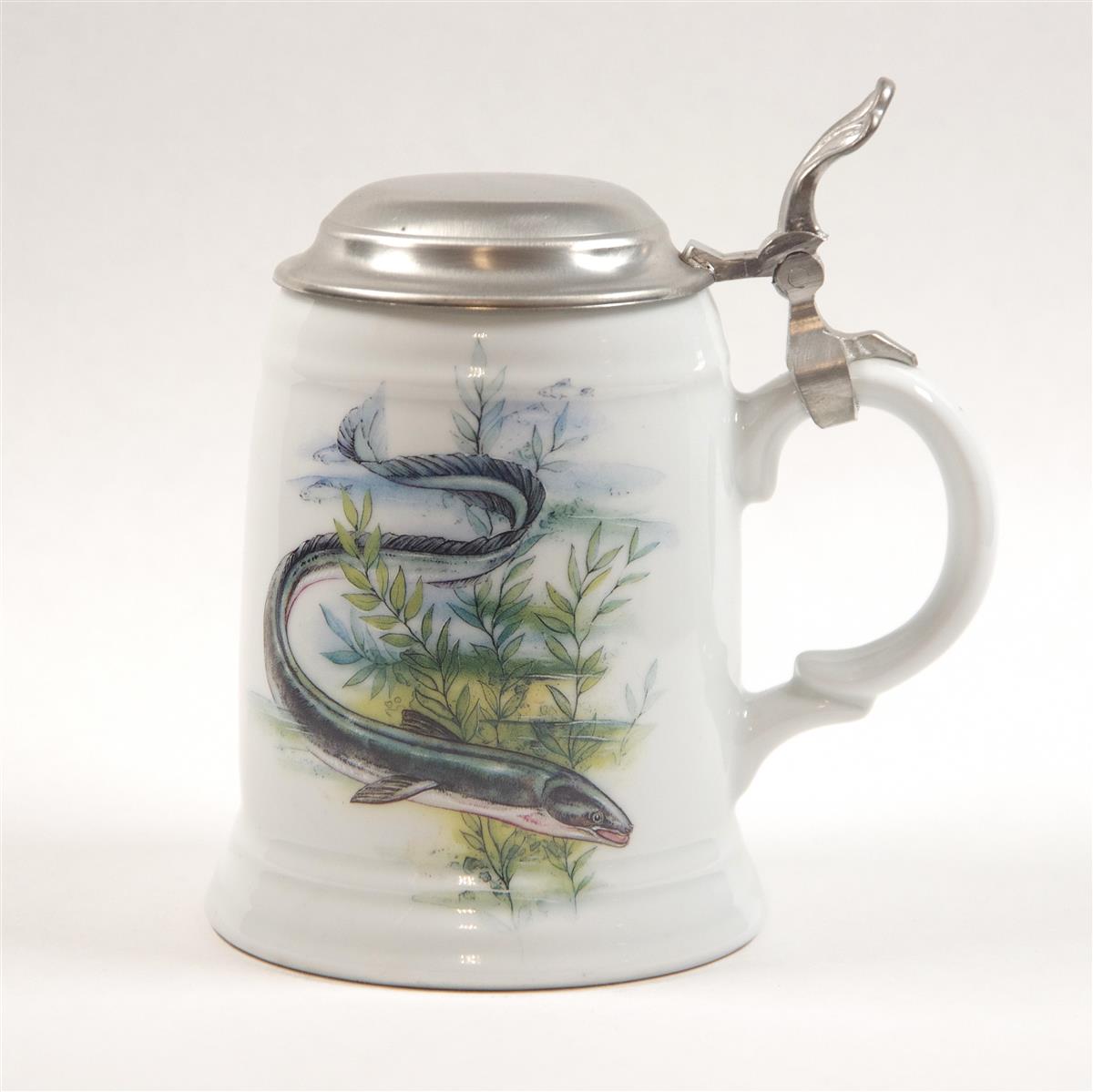 Bierkrug Fische Porzellan Zinndeckel Dr. Merkle
