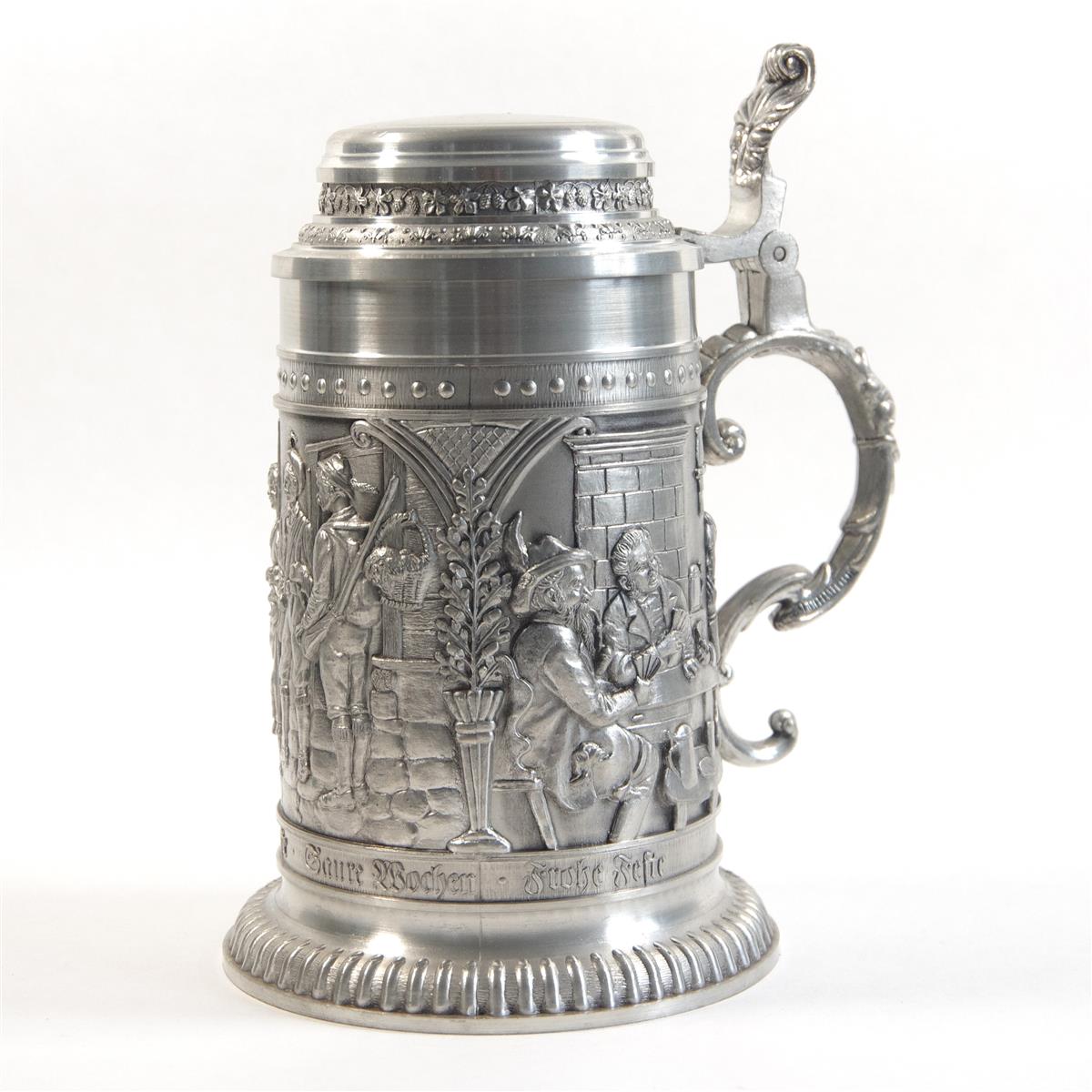 Bierkrug Humpen 1l Tagesarbeit - Frohe Feste, Zinnkrug Zinndeckel Bierkrug Humpen 1l Tagesarbeit - Frohe Feste, Zinnkrug Zinndeckel