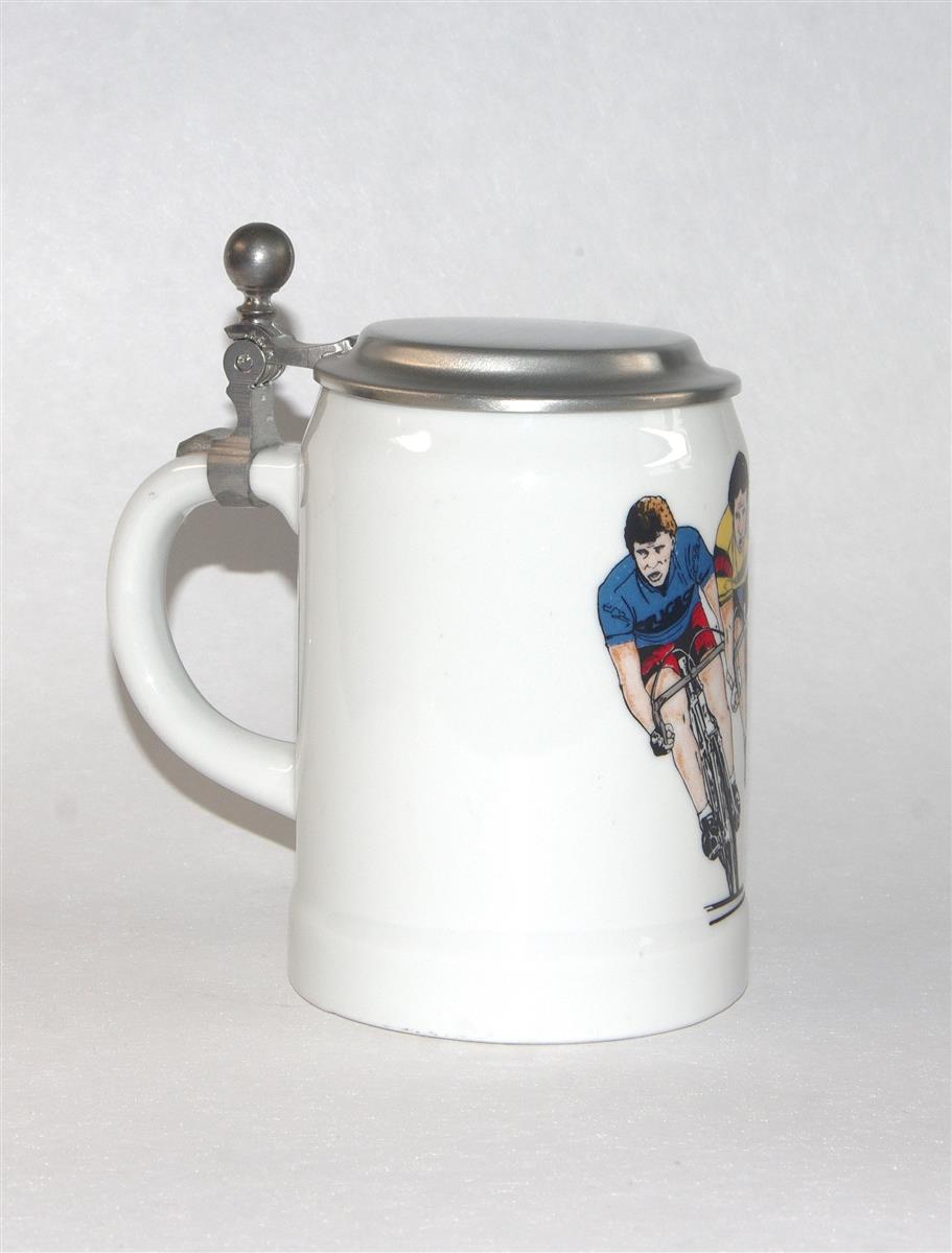 Bierkrug Dr. Merkle Rennrad Porzellan Zinndeckel