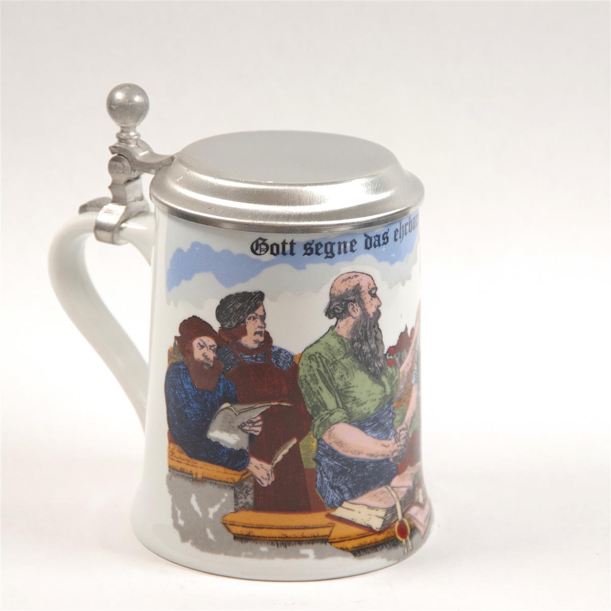 Bierkrug Handwerk Porzellan Zinndeckel Dr. Merkle