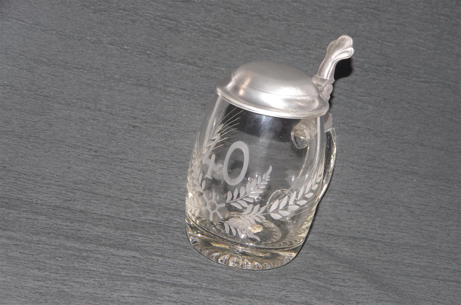 Bierkrug 40 Jubiläum Glas Zinndeckel
