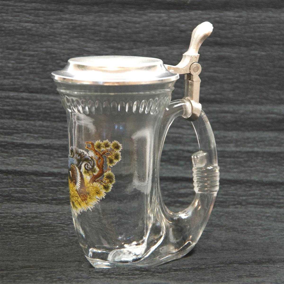 Bierkrug Auerhuhn Glas Zinndeckel Domex