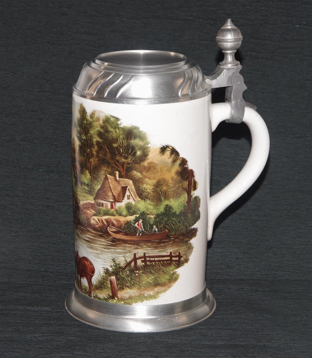 Bierkrug Porzellan Zinndeckel Landschaft Bierkrug Porzellan Zinndeckel Landschaft