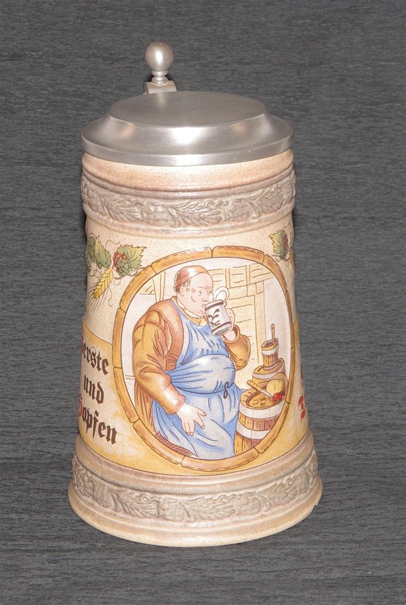 Bierkrug Braumeister Porzellan Zinndeckel