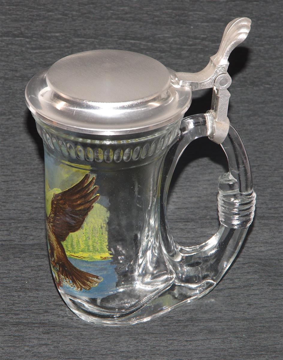Bierkrug Adler Glas Zinndeckel Domex