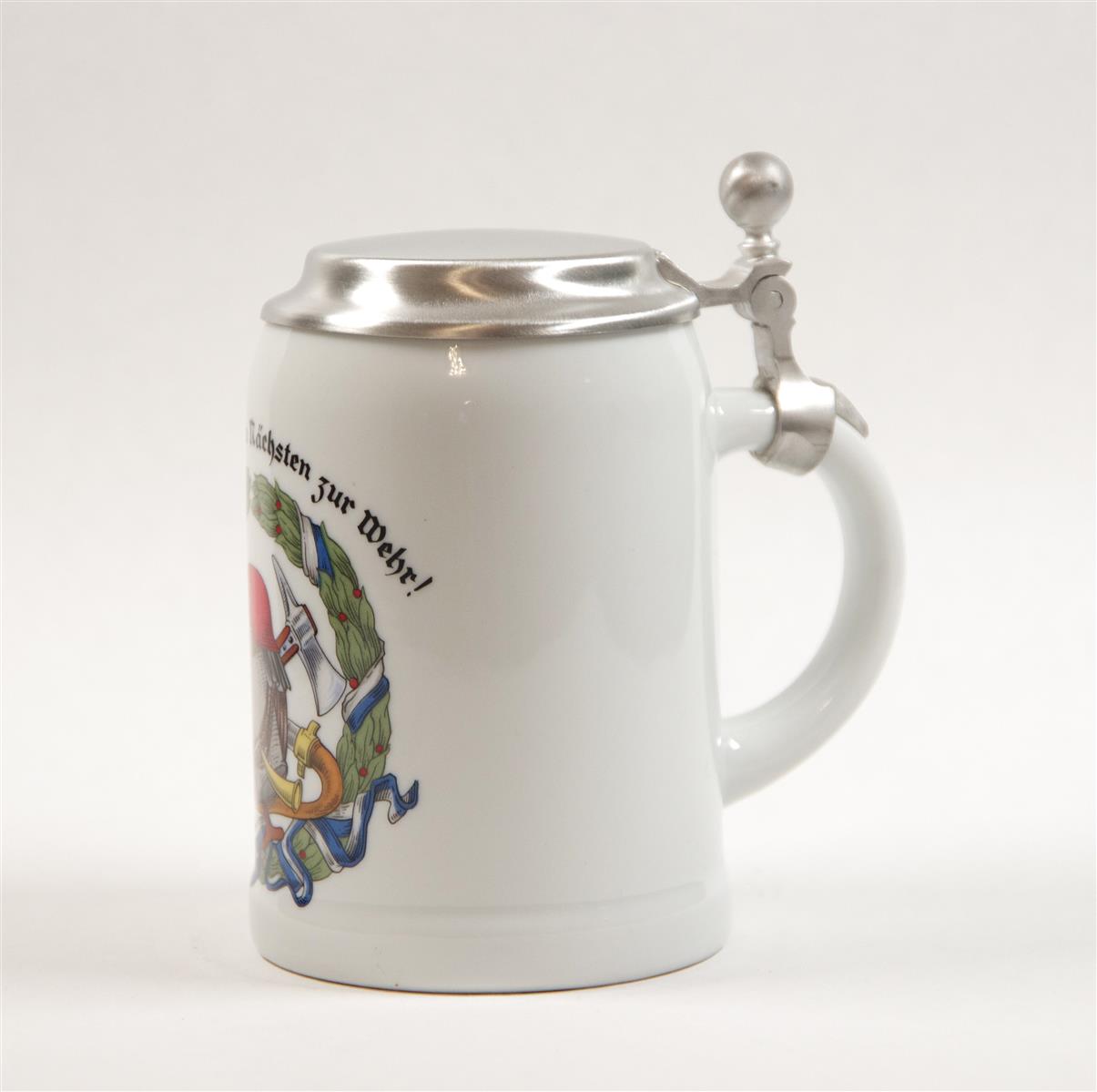 Bierkrug Feuerwehr Porzellan Zinndeckel Dr. Merkle