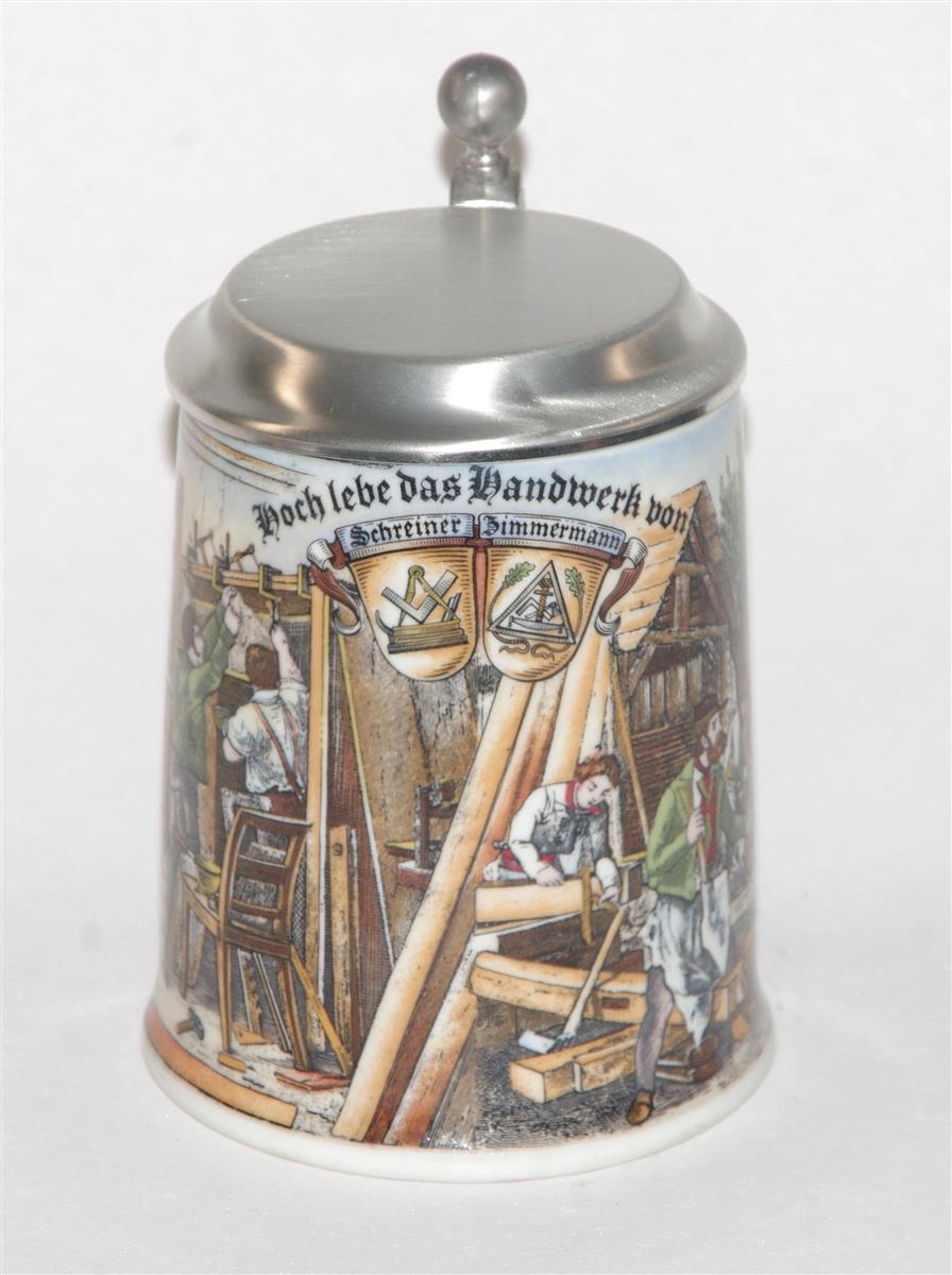 Bierkrug Dr. Merkle Handwerk Porzellan Zinndeckel