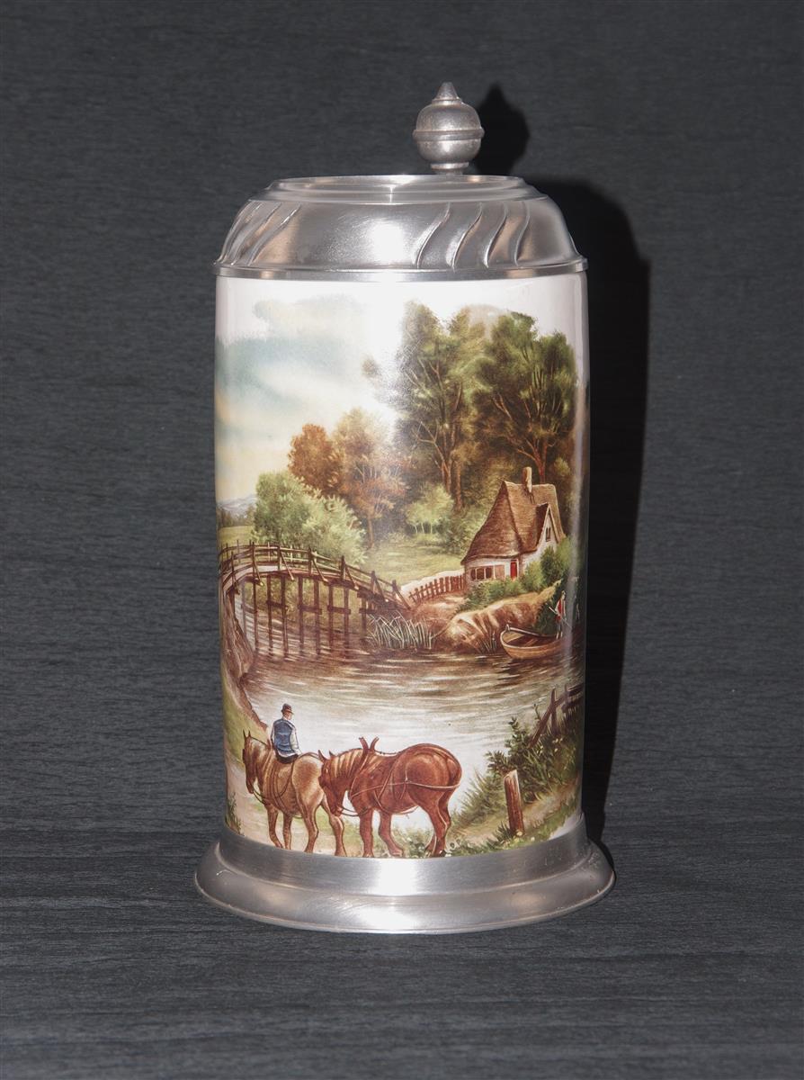 Bierkrug Porzellan Zinndeckel Landschaft Bierkrug Porzellan Zinndeckel Landschaft