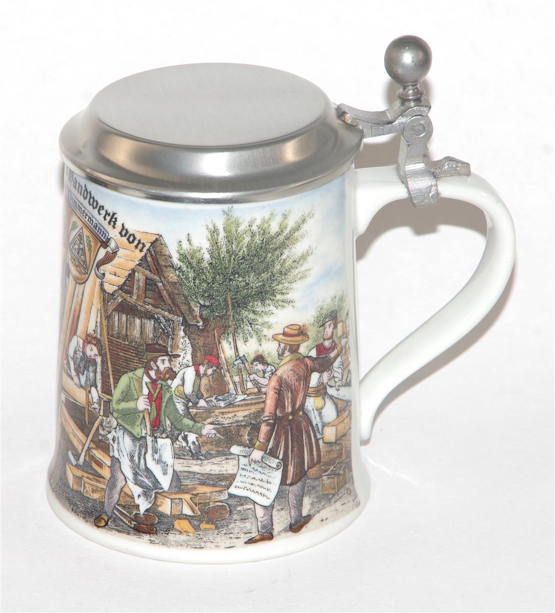 Bierkrug Dr. Merkle Handwerk Porzellan Zinndeckel