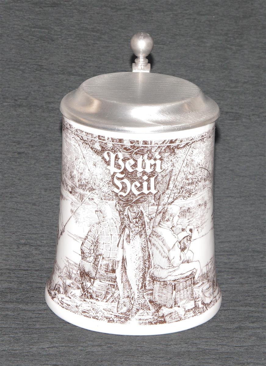 Bierkrug Dr. Merkle Angeln Porzellan Zinndeckel