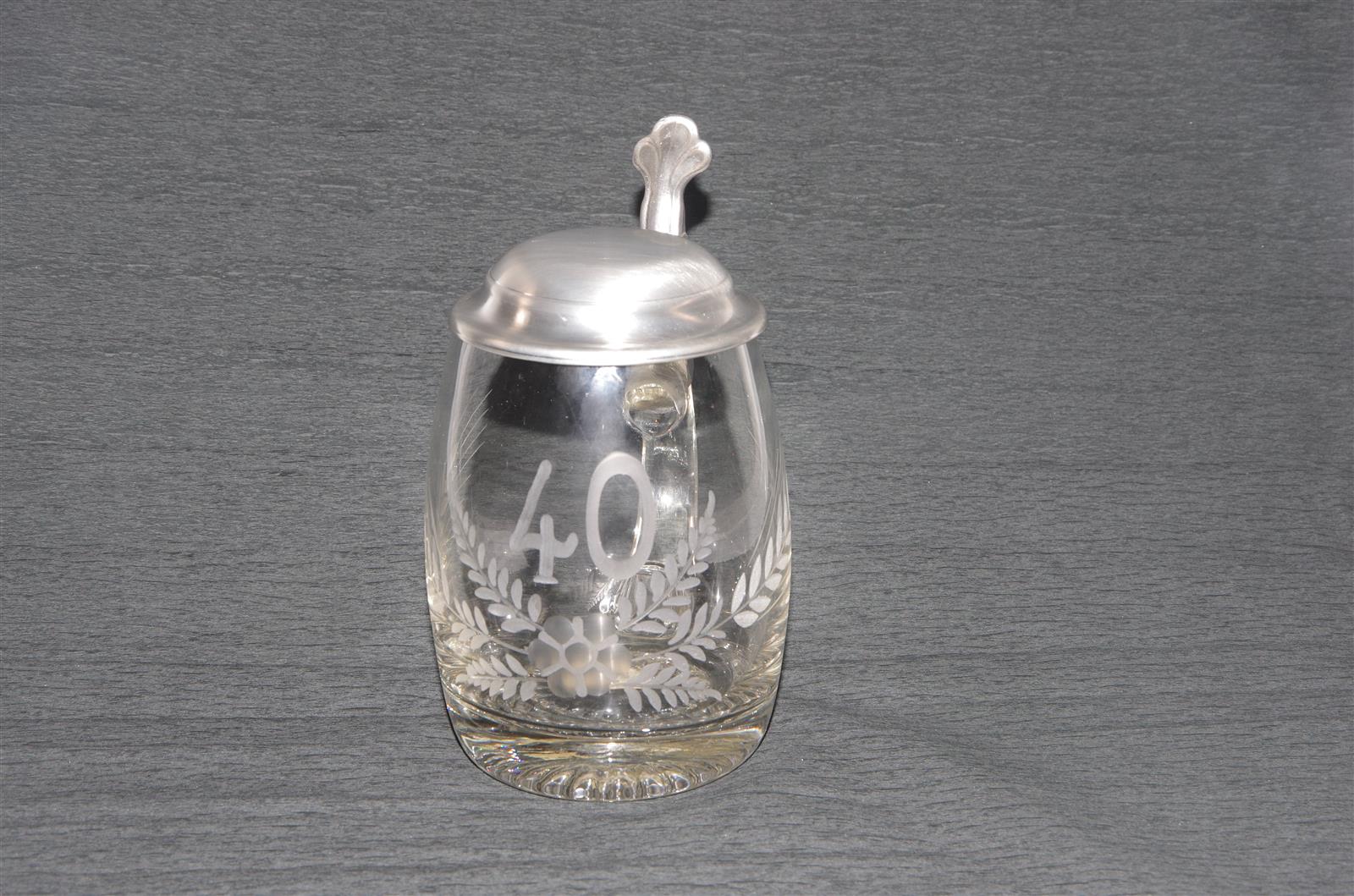 Bierkrug 40 Jubiläum Glas Zinndeckel