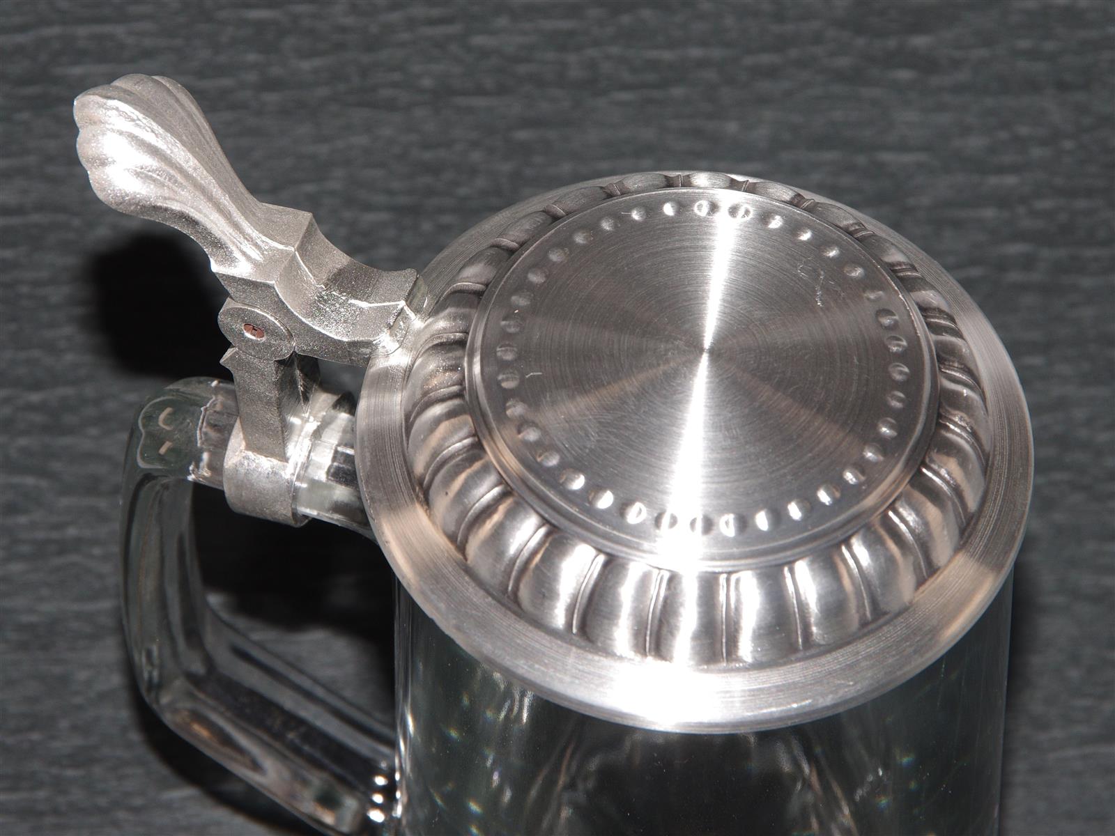 Bierkrug Glas Zinndeckel Domex