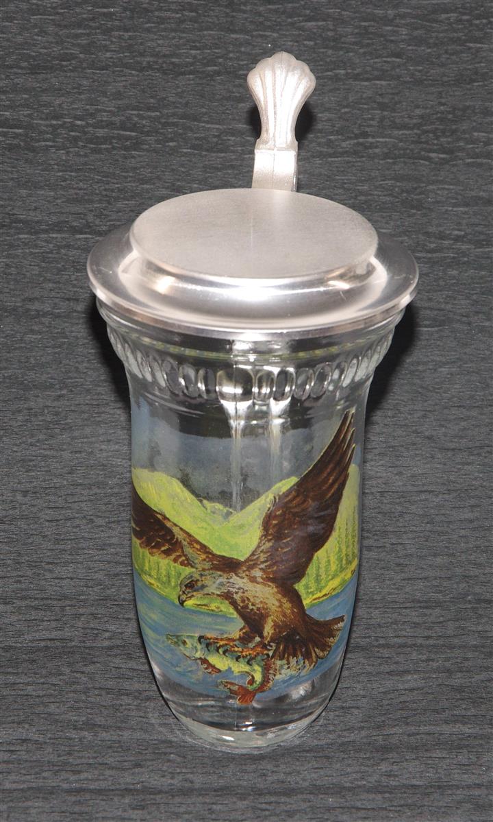 Bierkrug Adler Glas Zinndeckel Domex