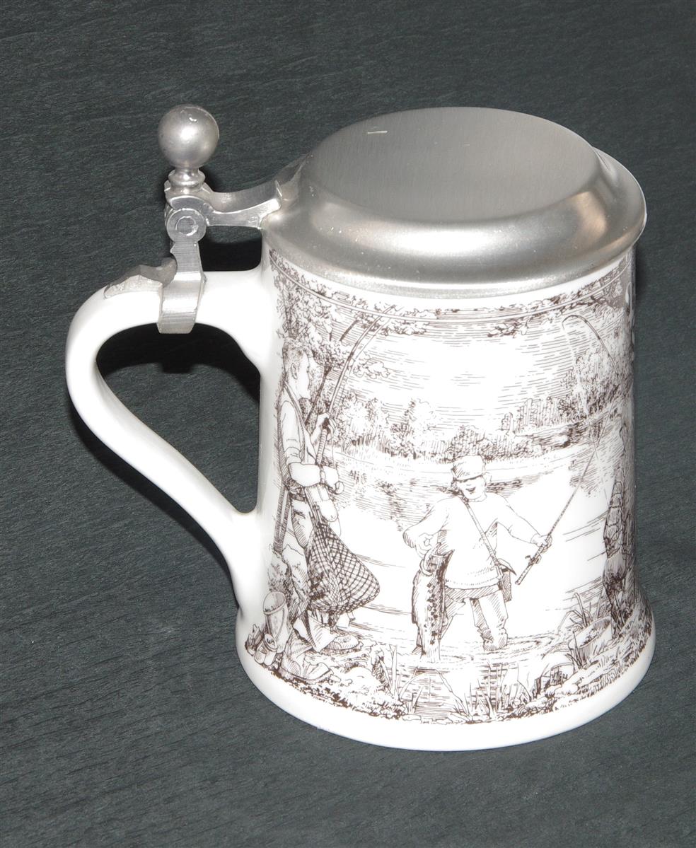 Bierkrug Dr. Merkle Angeln Porzellan Zinndeckel