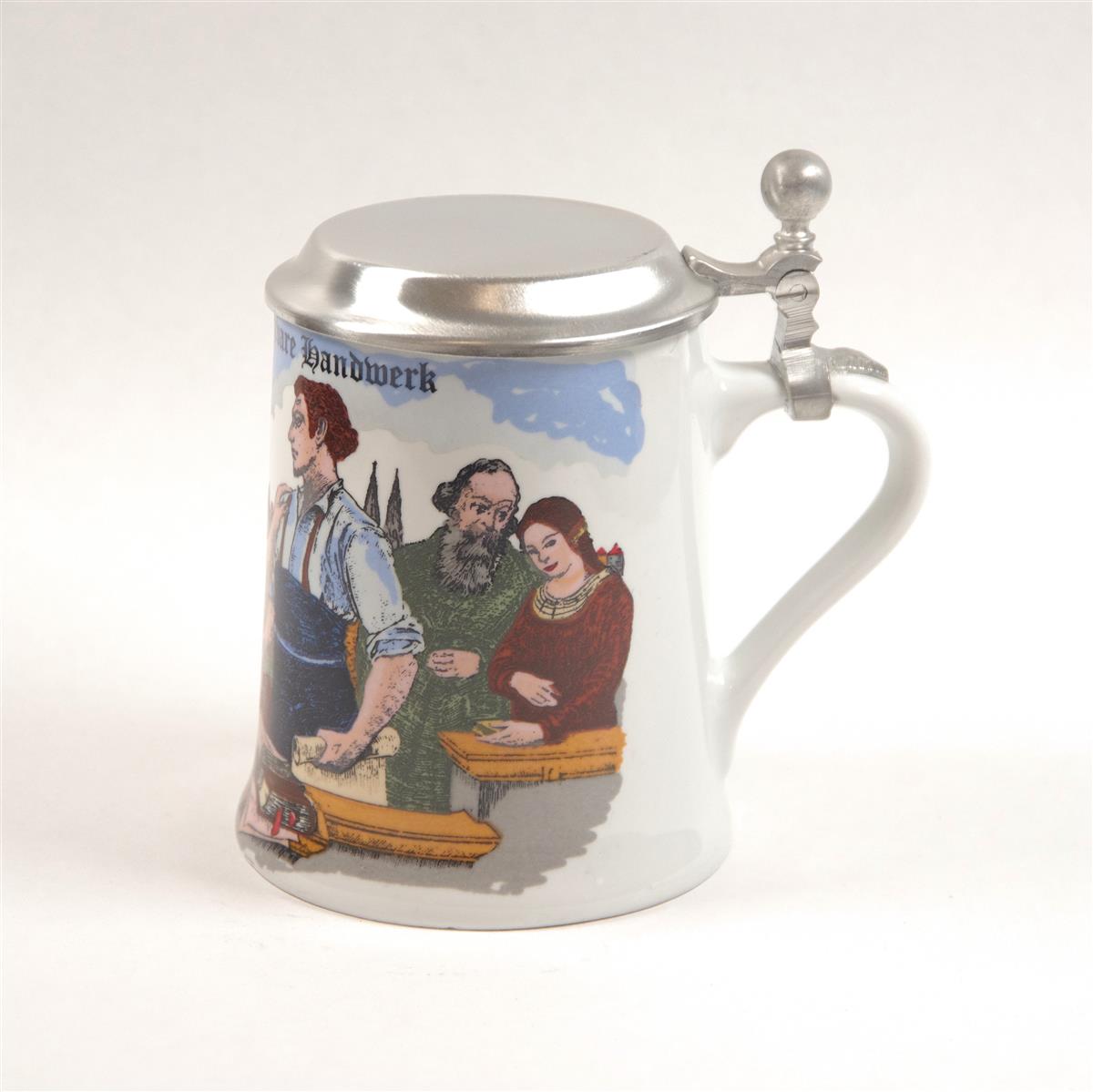 Bierkrug Handwerk Porzellan Zinndeckel Dr. Merkle