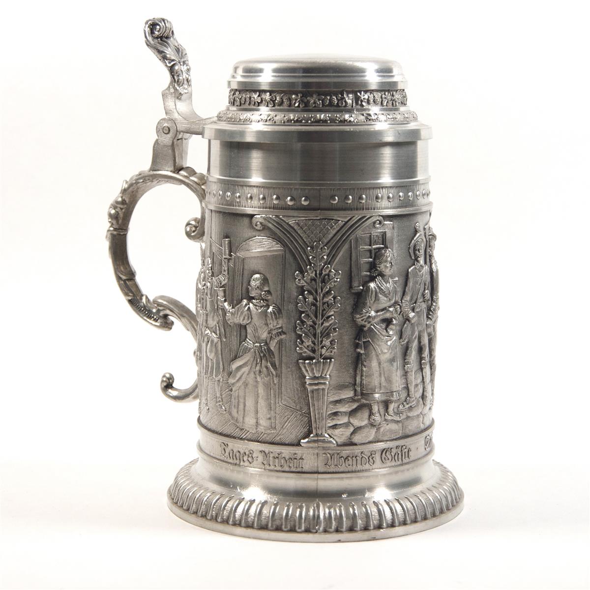 Bierkrug Humpen 1l Tagesarbeit - Frohe Feste, Zinnkrug Zinndeckel Bierkrug Humpen 1l Tagesarbeit - Frohe Feste, Zinnkrug Zinndeckel